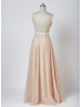 Deep V Neck Champagne Lace Tulle Beading Floor Length Prom Dress